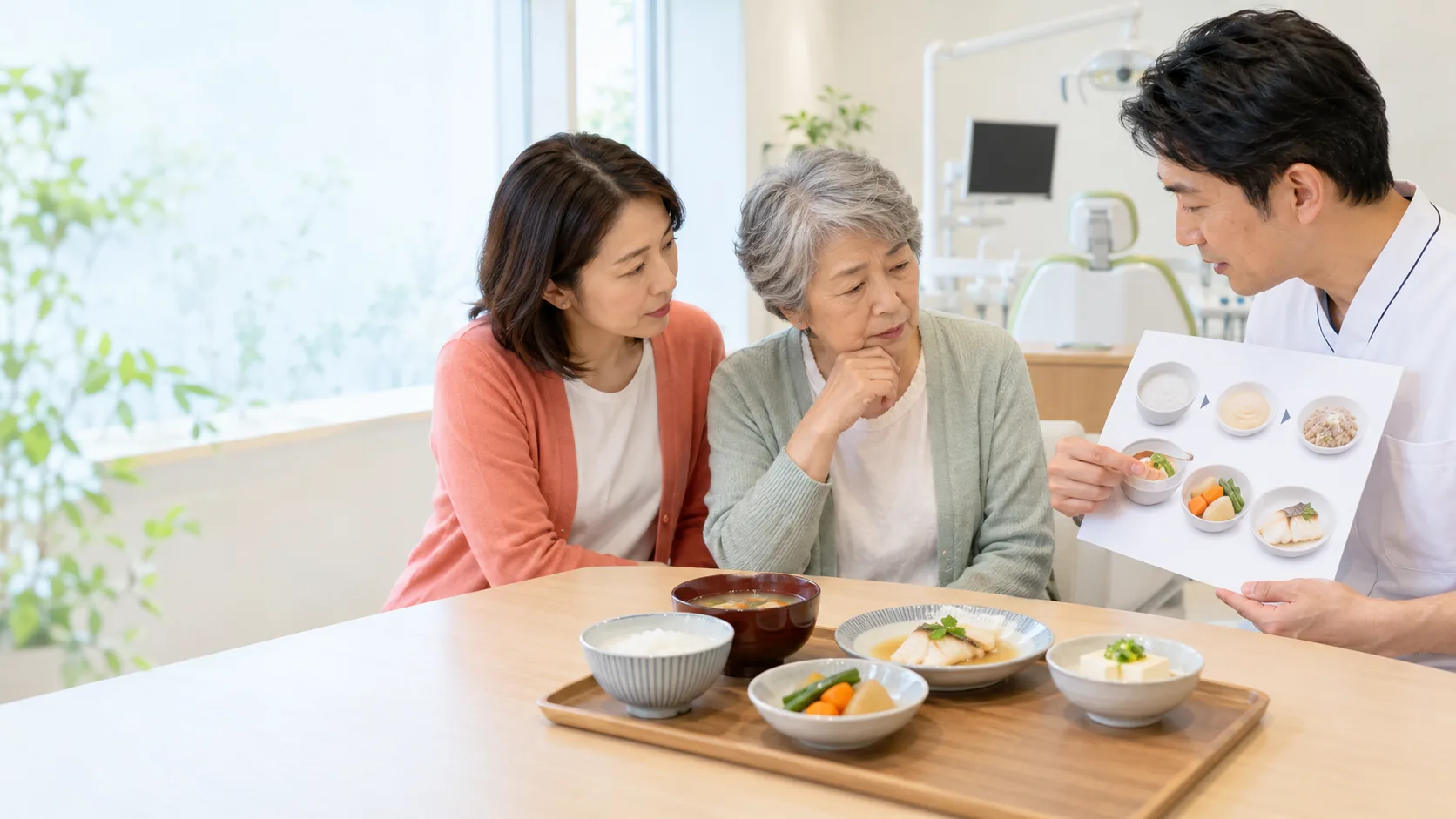 抜歯後から総入れ歯完成までの食事を家族と歯科医師に相談する様子